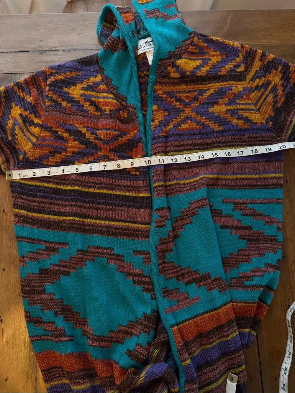 Aztec Hooded Open-Front Cardigan in Teal & Purple